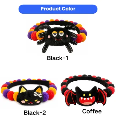 Halloween Pet Collar Color and Style Options Halloween pet collar options in plush spider black cat and bat designs