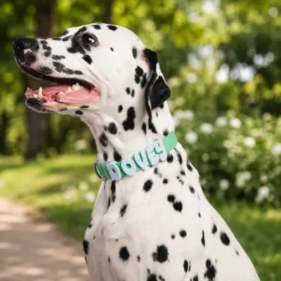 Personalized Silicone Dog Collar Worn by Dalmatian Dalmatian wearing a green personalized silicone dog collar with decorative name letters outdoors
