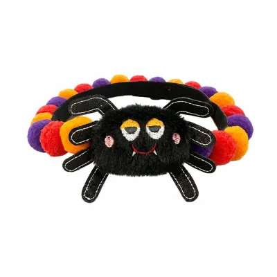 Plush Spider Halloween Pet Collar Black plush spider Halloween pet collar with orange red and purple pom-poms