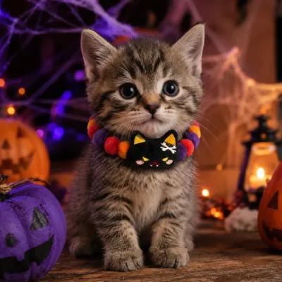 Halloween Plush Cat Collar Worn by Kitten Kitten wearing a colorful plush Halloween cat collar with a black cat decoration
