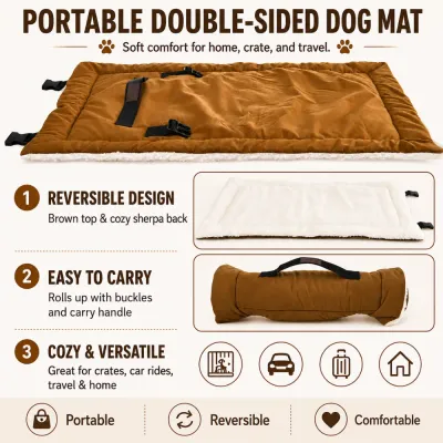 Portable double-sided dog mat with reversible design, sherpa backing, carry handle and roll-up buckles