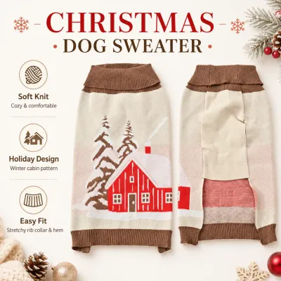 Christmas dog sweater product details showing soft knit fabric holiday cabin design and stretchy ribbed trim
