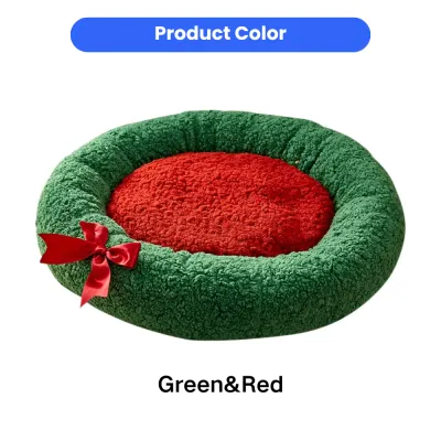 Green and Red Christmas Cat Bed Color Display Green and red color display of a plush Christmas cat bed with decorative bow
