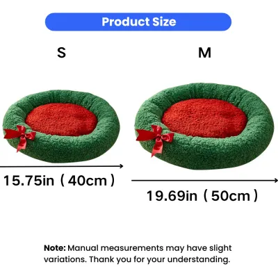 Christmas Cat Bed Size Guide Small and Medium Christmas cat bed size chart showing small 15.75 inch and medium 19.69 inch options