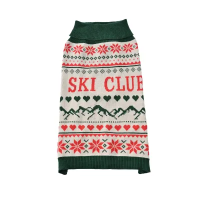 Christmas Ski Club Holiday Dog Sweater White Christmas dog sweater with red and green Ski Club pattern