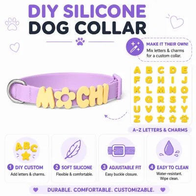 DIY Silicone Dog Collar with Custom Letters and Charms Purple DIY silicone dog collar with yellow A–Z letter charms, adjustable buckle and customizable name design