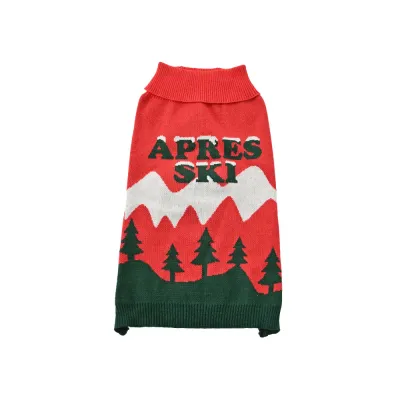 Après Ski Christmas Dog Sweater Red Christmas dog sweater with Après Ski lettering, white mountains and green pine tree pattern