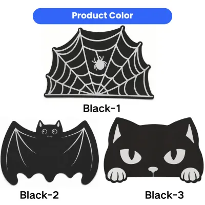 Halloween Pet Feeding Mat Three Designs Three black Halloween pet feeding mats featuring spider web bat and black cat designs