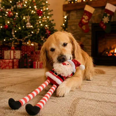 Dog Playing with Santa Plush Toy at Christmas Golden Retriever playing with a Santa Claus plush dog toy beside a Christmas tree and fireplace