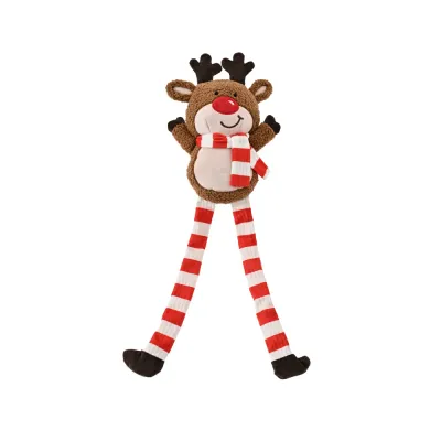 Long Leg Christmas Reindeer Dog Toy Wholesale Long leg Christmas reindeer dog toy in brown plush with red and white striped legs for holiday pet play