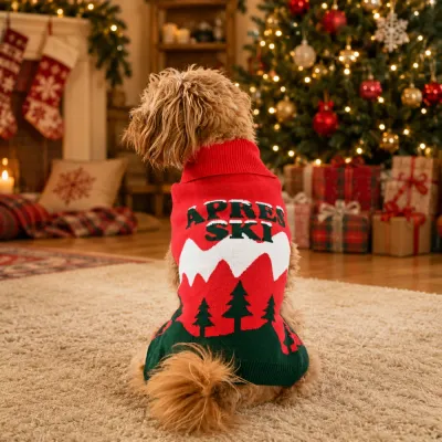 Dog Wearing Christmas Après Ski Sweater Dog wearing red Après Ski Christmas sweater beside decorated Christmas tree and holiday gifts
