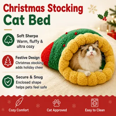 Soft Sherpa Christmas Stocking Cat Bed Features Christmas stocking cat bed with soft sherpa fabric cozy enclosed shape and festive holiday design