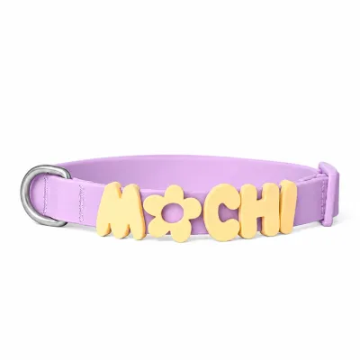 Purple Personalized Dog Collar with Custom Name Letters Purple personalized dog collar with yellow MOCHI name letters and adjustable buckle