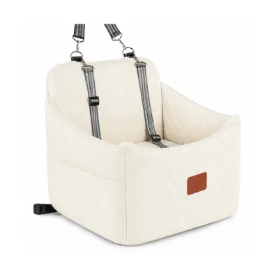 Beige Quilted Pet Car Seat Bed Beige quilted pet car seat bed with padded sides, adjustable seat straps and side storage pocket