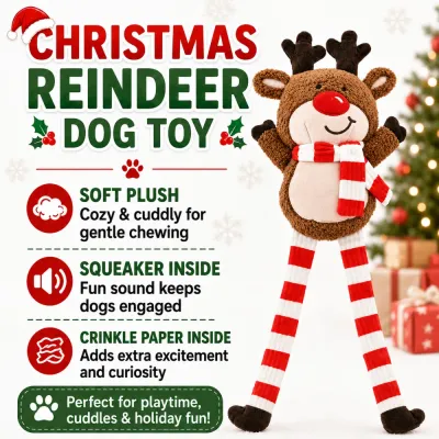 Christmas Reindeer Squeaky Plush Dog Toy Features Christmas reindeer dog toy with soft plush, squeaker and crinkle paper for interactive holiday play