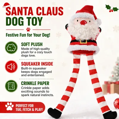 Santa Claus Squeaky Crinkle Plush Dog Toy Features Santa Claus dog toy with soft plush fabric built in squeaker and crinkle paper for interactive play