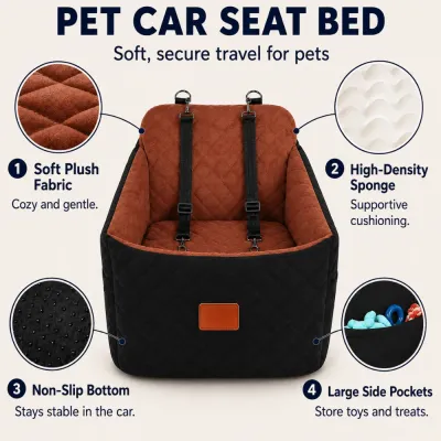 Quilted Pet Car Seat Bed with Storage Pockets Quilted pet car seat bed with soft plush fabric, sponge padding, non-slip bottom and side pockets