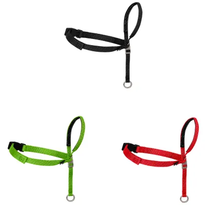 Adjustable dog head halter available in black, green and red with padded nose loop and leash attachment ring