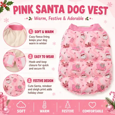 Pink Santa Christmas Dog Vest Features Pink Santa Christmas dog vest with soft fleece lining hook and loop closure and festive Santa reindeer print