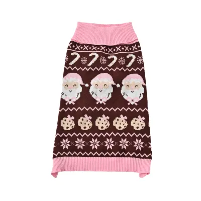 Christmas Santa Knit Dog Sweater Pink and Brown Pink and brown Christmas dog sweater with Santa candy cane and snowflake knit pattern