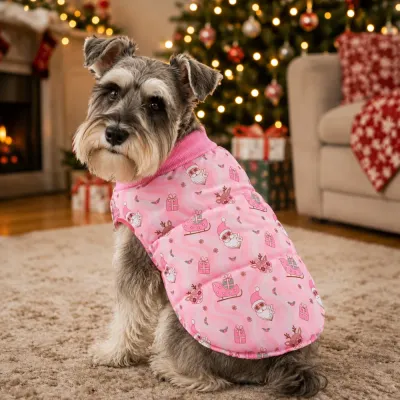 Pink Christmas Dog Vest for Holiday Wear Schnauzer wearing a pink Santa Christmas dog vest in a festive Christmas living room