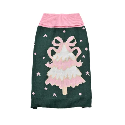 Green Christmas Dog Sweater with Pink Tree Design Green knitted Christmas dog sweater with pink collar and pink white holiday tree pattern