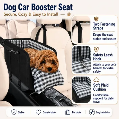 Dog car booster seat with fastening straps safety leash hook and soft plaid cushion