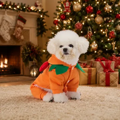 Small white dog wearing orange pumpkin Halloween costume indoors