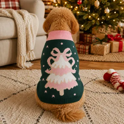 Dog Wearing Christmas Sweater in Holiday Living Room Dog wearing green and pink Christmas sweater beside a decorated Christmas tree in a cozy living room