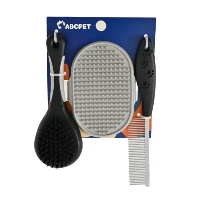 3 Piece Pet Grooming Brush and Comb Set 3 piece pet grooming brush set with bristle brush, rubber massage brush and metal comb for dogs and cats