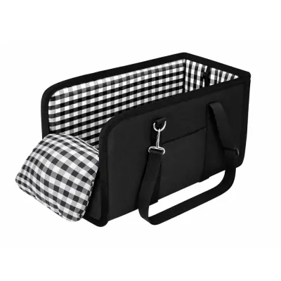 Black dog car booster seat with black and white plaid cushion and adjustable straps