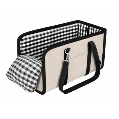 Beige dog car booster seat with black and white plaid cushion and safety straps