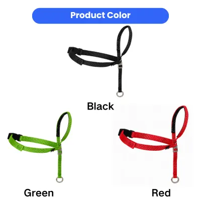 Dog head halter color options in black, green and red with adjustable straps and metal D ring