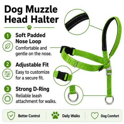 Green adjustable dog head halter featuring soft padded nose loop buckle and strong metal D ring