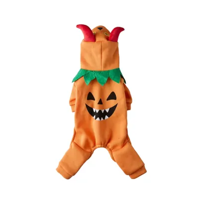 Orange pumpkin monster Halloween dog costume with hood and four leg design