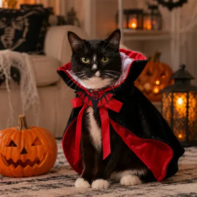 Black cat wearing a red and black Halloween vampire pet cape with bat bow