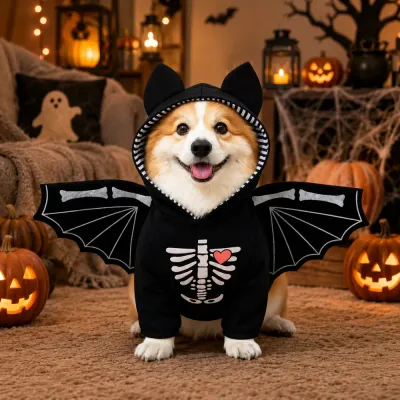 Halloween Bat Costume for Dogs with Skeleton Wings Dog wearing a black Halloween bat costume with skeleton print, hood and wings in a Halloween pumpkin setting
