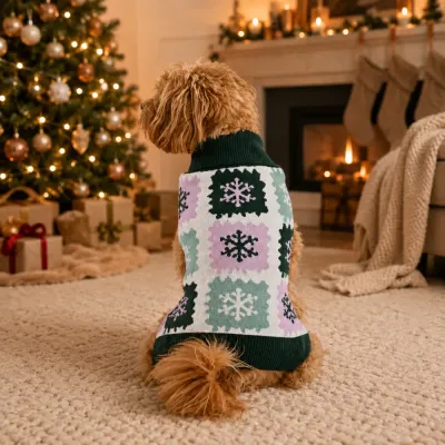 Dog Wearing Christmas Snowflake Sweater Small dog wearing a Christmas snowflake knit sweater in a festive living room with Christmas tree