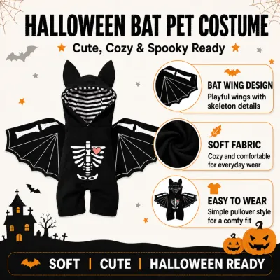 Halloween Bat Pet Costume Features and Design Halloween bat pet costume feature guide showing skeleton wings, soft fabric and easy pullover design
