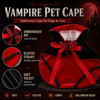 Halloween vampire pet cape with embroidered bat elastic straps and soft velvet fabric