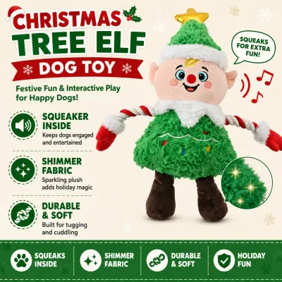Christmas tree elf dog toy with squeaker shimmer fabric and soft durable plush construction