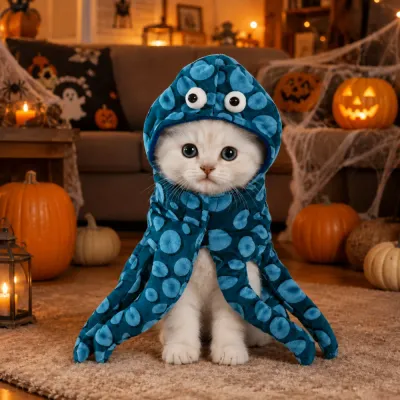 White cat wearing a blue plush octopus Halloween costume in a festive Halloween living room