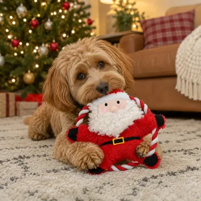 Dog Playing with Christmas Santa Rope Toy Dog playing with Santa rope dog toy beside Christmas tree in festive living room