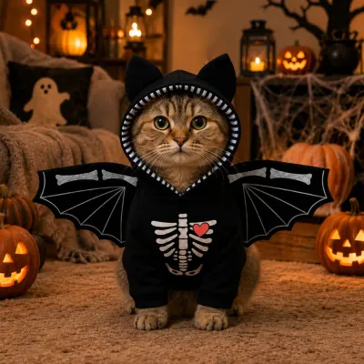 Halloween Bat Costume for Cats with Skeleton Wings Cat wearing a black Halloween bat costume with skeleton print, hood and bat wings in a pumpkin-themed room