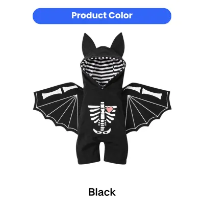 Black Halloween Bat Pet Costume Color Option Black color Halloween bat pet costume with skeleton chest design, hood and decorative bat wings
