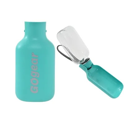 Portable dog water bottle with fold-out drinking bowl and compact travel design for outdoor walks and trips