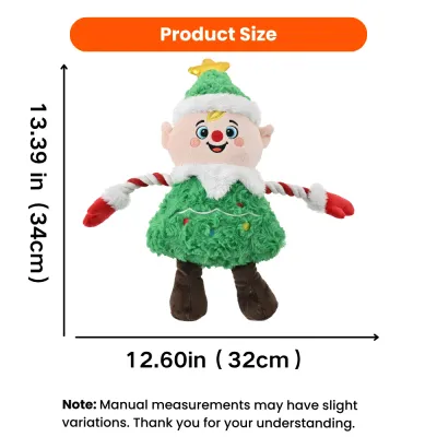 Christmas tree elf dog toy measuring 13.39 by 12.60 inches or 34 by 32 cm