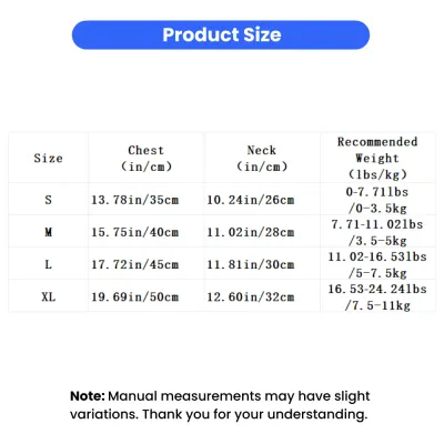 Halloween Bat Pet Costume Size Chart S to XL Size chart for Halloween bat pet costume showing chest and neck measurements from size S to XL
