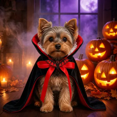 Small dog wearing a black and red vampire cape Halloween costume