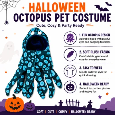 Halloween octopus pet costume feature guide showing plush fabric hood tentacles and easy wear design